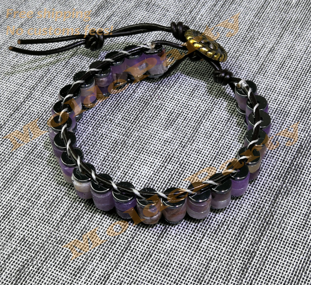 Handmade Natural Gemstone Mauve Jade Beaded Leather Bracelet Gift Healing Reiki