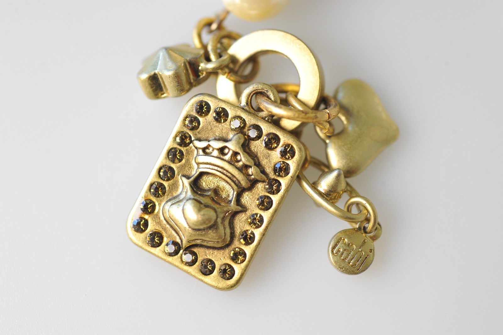 CAbi Necklace Gold Tone Rhinestone Faux Pearl charms dangle statement A
