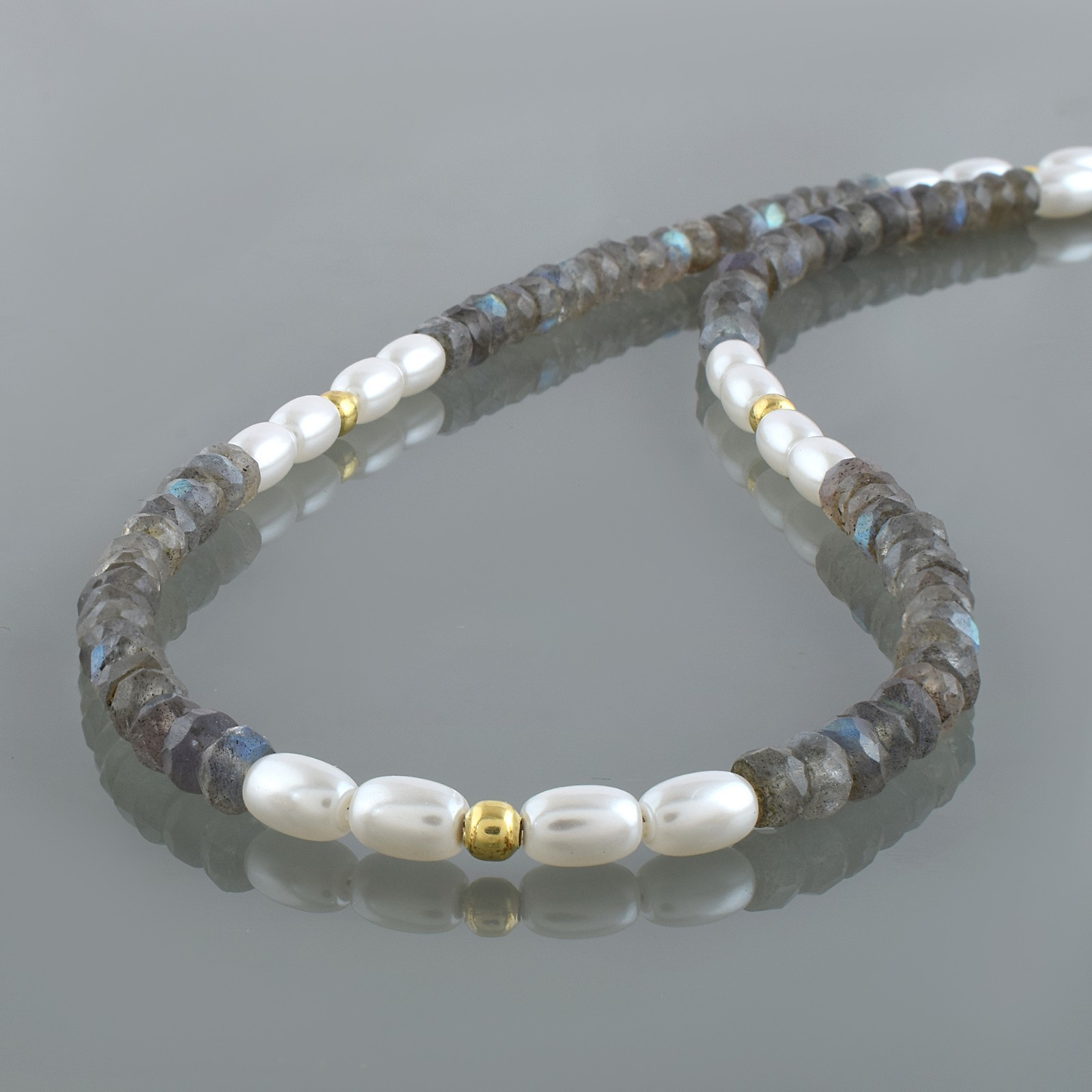 Handmade Natural Labradorite And Pearl Beaded Necklace 925 Sterling Silver 18″
