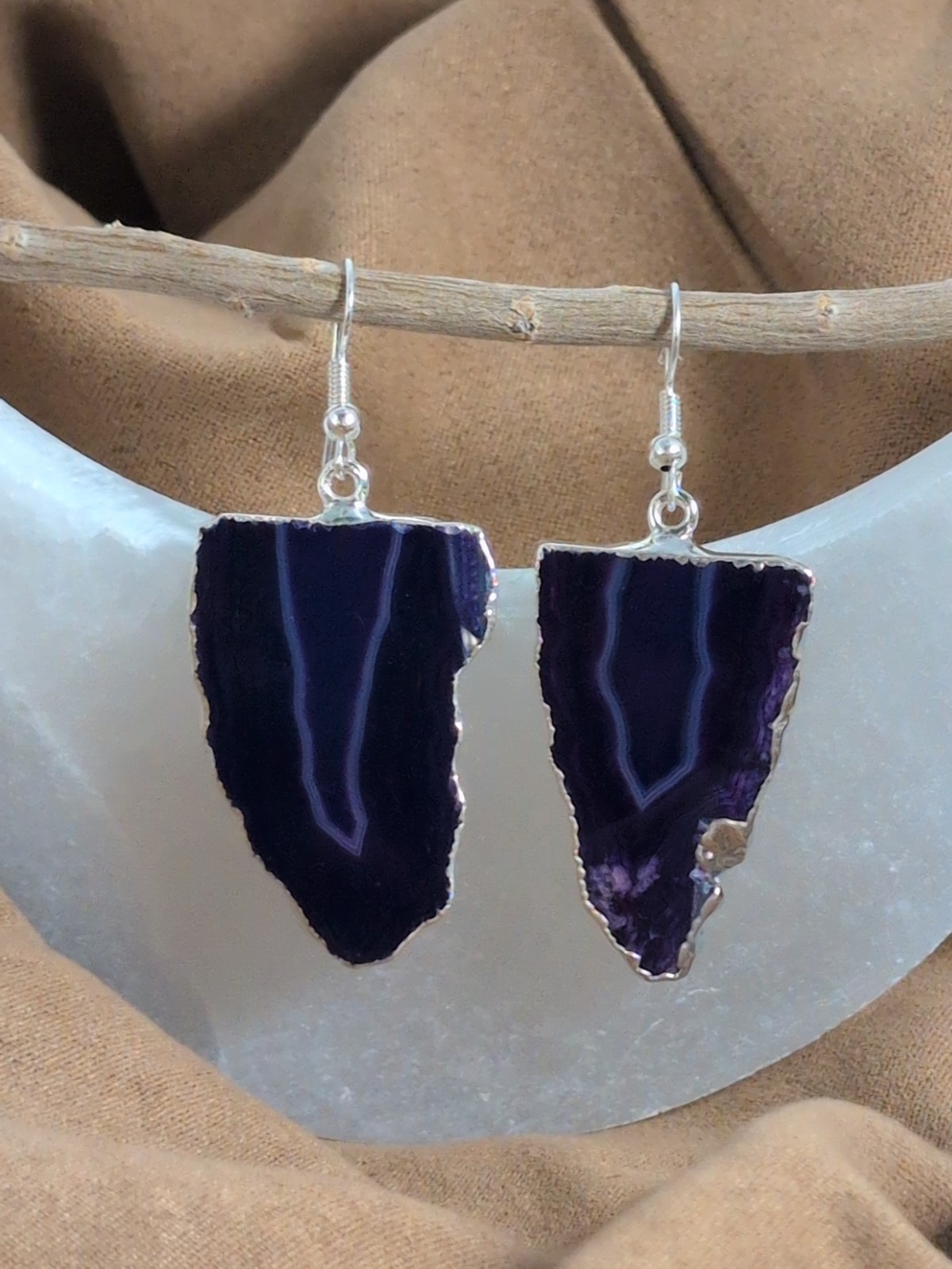 Natural Purple Agate Geode Slices Hook Earrings With Silver Plated Edge Brazil