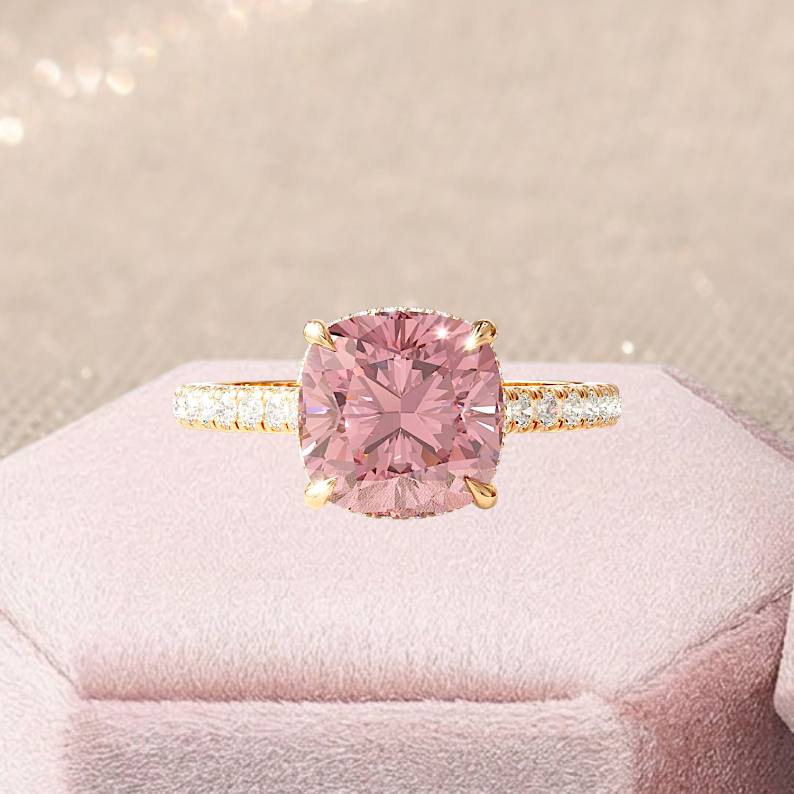 IGI Lab Created Cushion Cut Fancy Vivid Pink Diamond Ring 3.85 Ct 14k Rose Gold