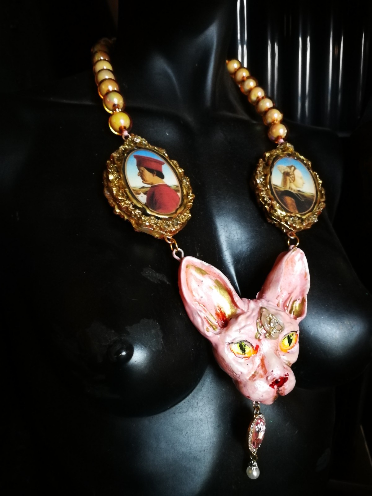 Statement Luxury Necklace Jewelry Pendant Sculpture Sphynx Cat Antique Cameo Bib
