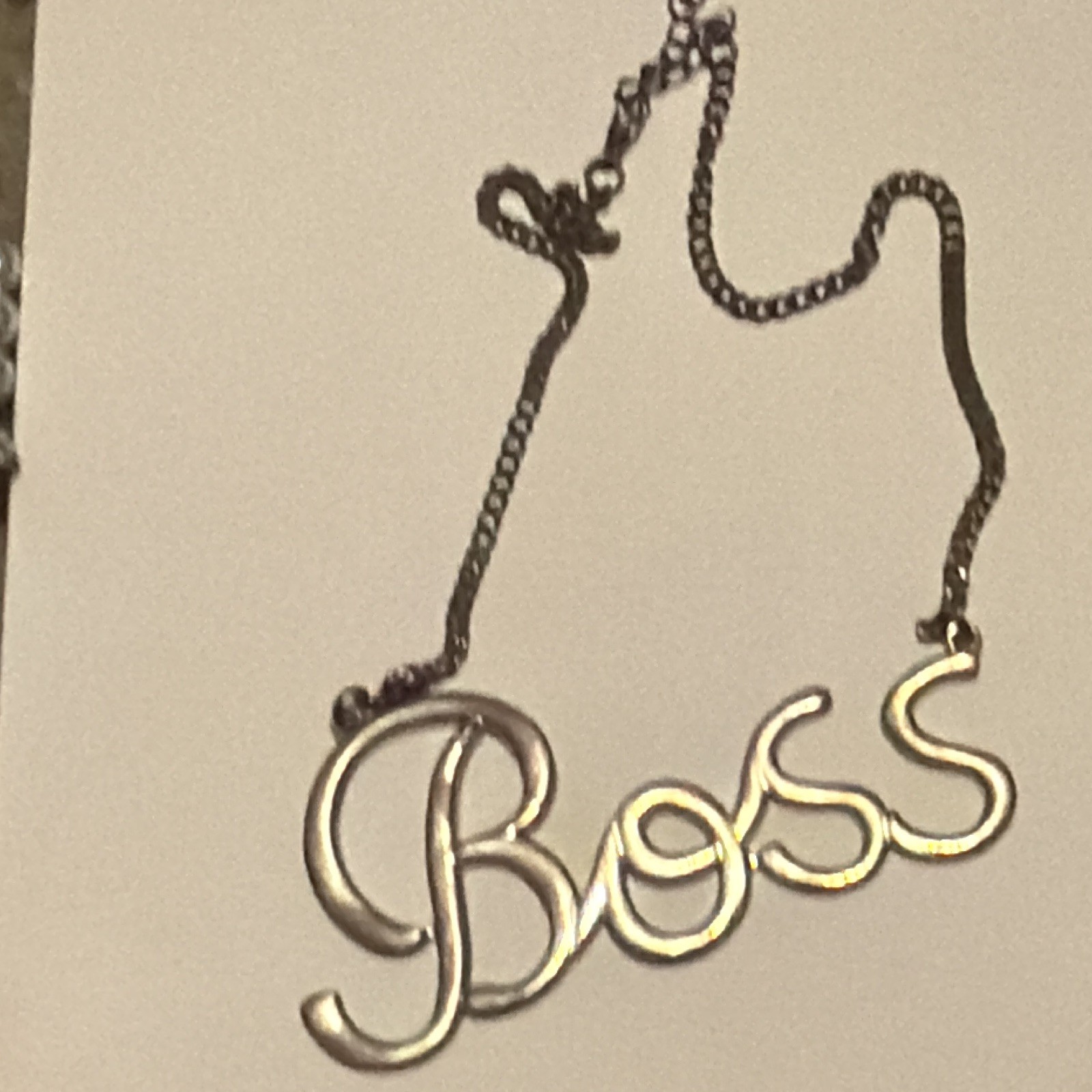 Silver Tone Metal “Boss” Word Pendant Cable Chain Necklace, No Stone