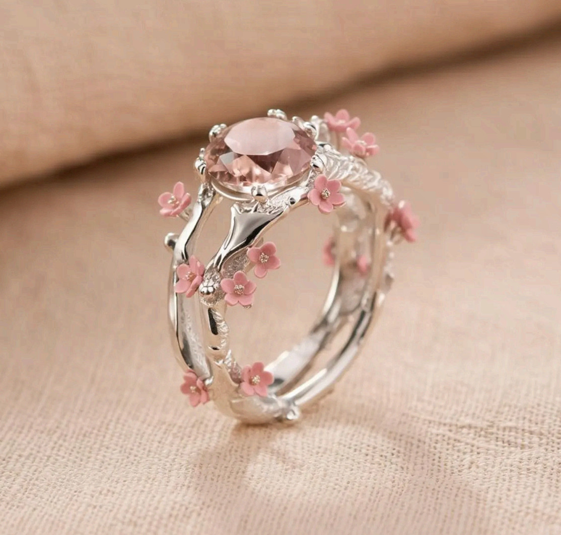 Silver Cherry Blossom Ring Stainless Steel Pink Zirconia Flower Statement Band