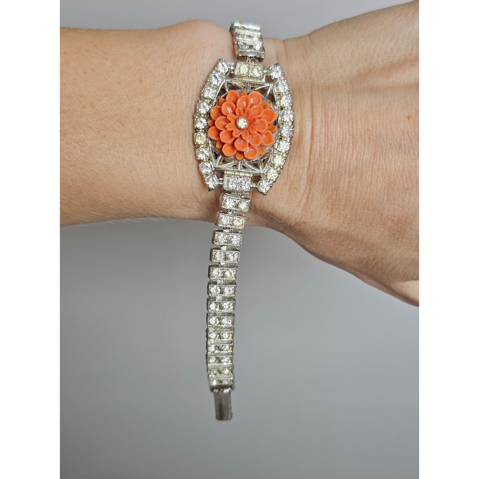 Vintage Art Deco Silver Rhinestone Bracelet Coral Molded Glass Flower Center 7″