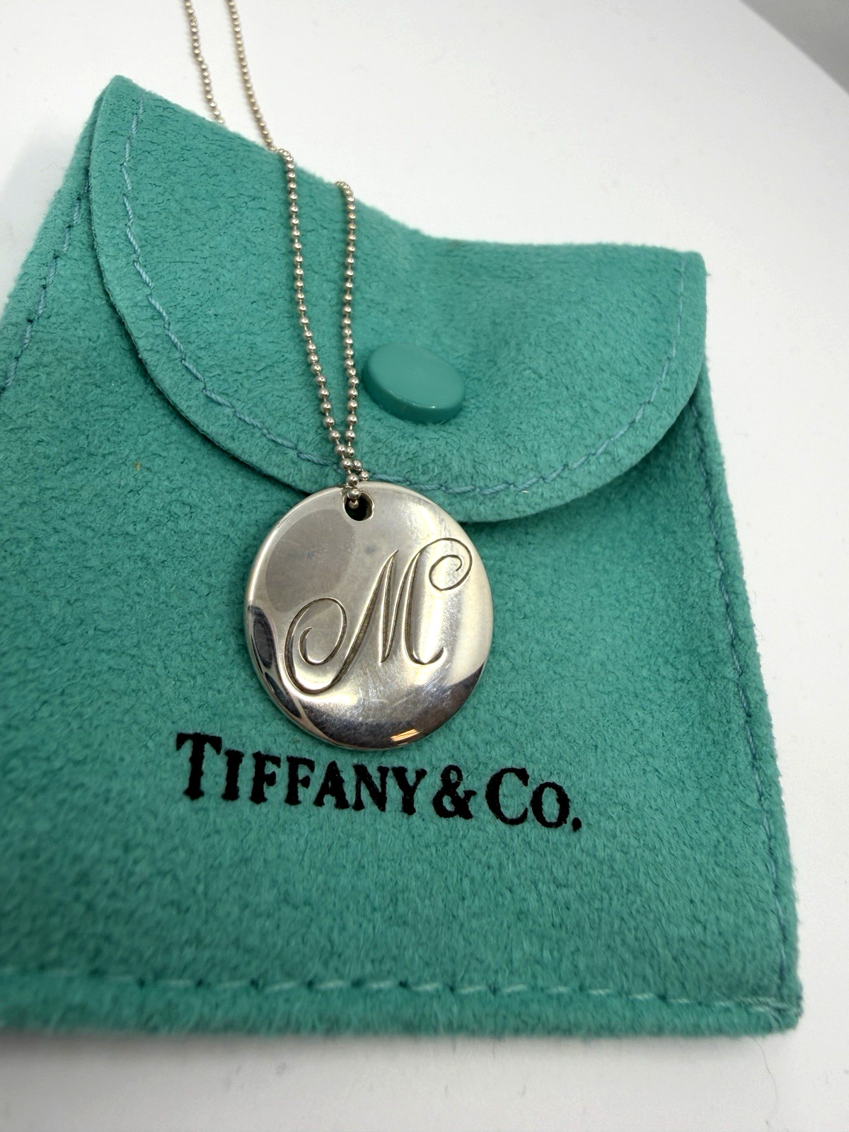 925 Tiffany & Co. Initial “M” Disc Pendant Beaded Necklace 18 Inches 6.3 grams