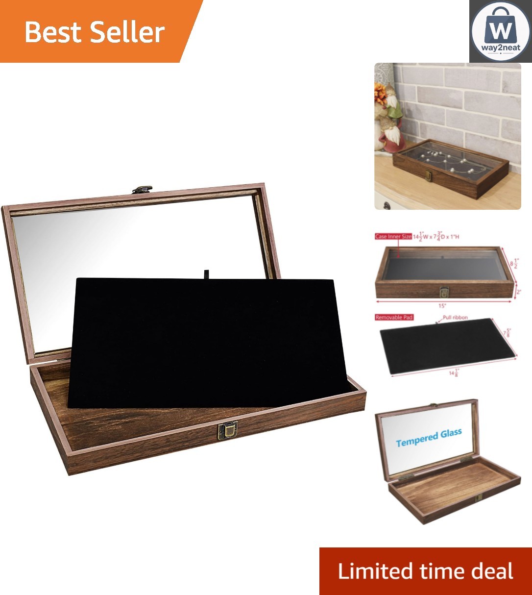 Elegant Antique Wood Jewelry Display Case with Tempered Glass Top & Velvet Pad