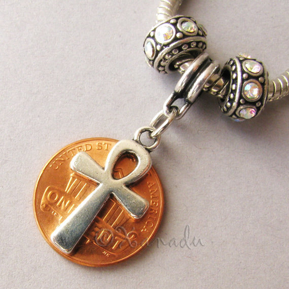 Egyptian Ankh Cross, Staff Sign Charm And Aurora Borealis European Charm Beads