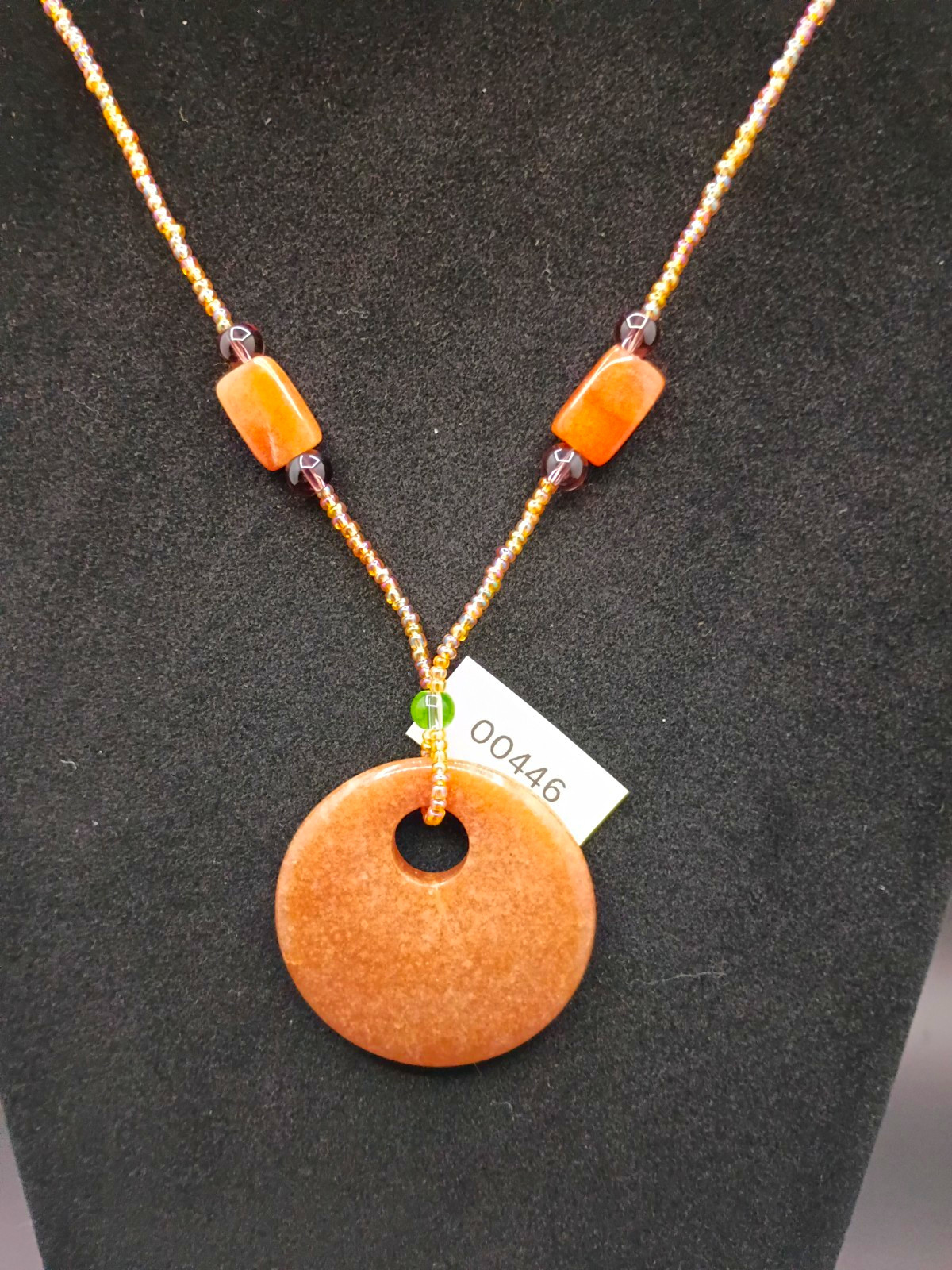 Brown Stone Beaded Ball Chain Necklace Round Donut Charm Pendant 00446
