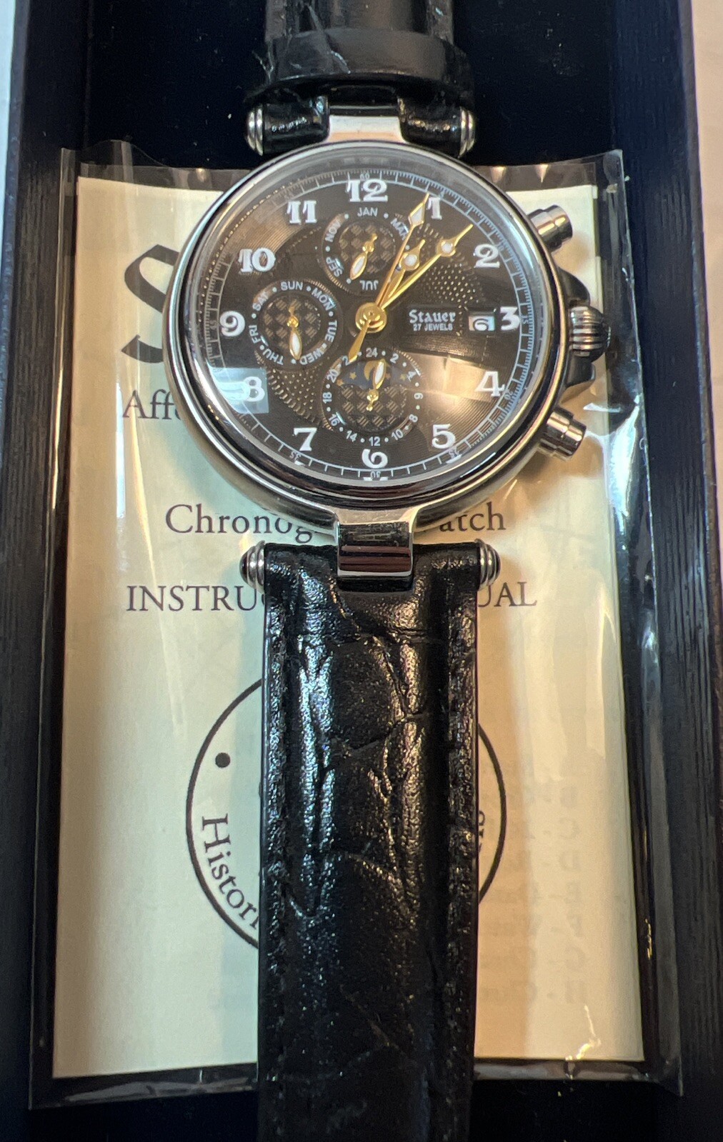Stauer Noire Black Men’s Automatic Watch 27 Jewels Moon Phase 14587 Original Box