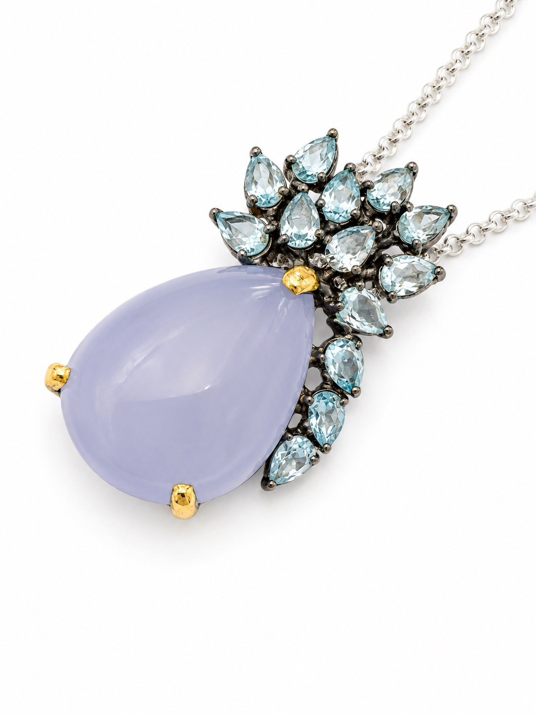 925 Sterling Lavender Chalcedony 18” Necklace Floral Blue Gemstone Pendant