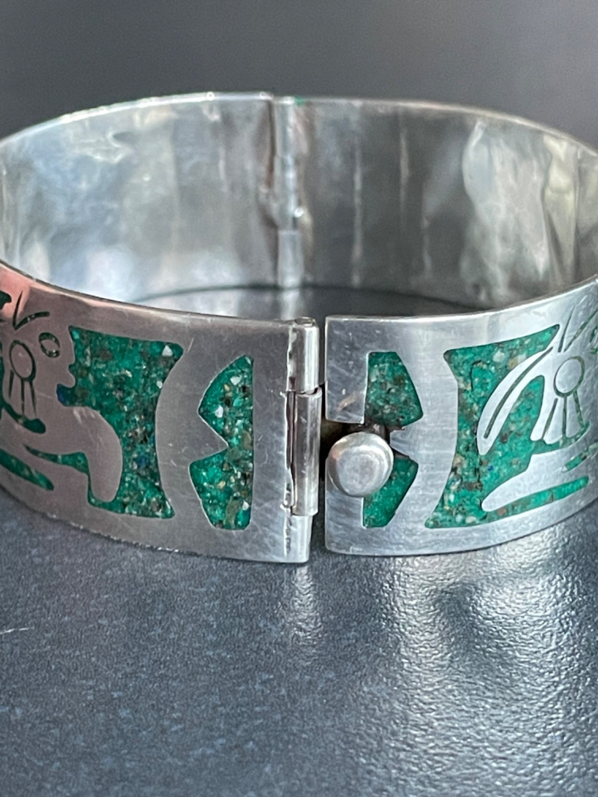 Solid 925 Silver Bracelet from Taxco Mexico Handmade with Green Stone Inlay
