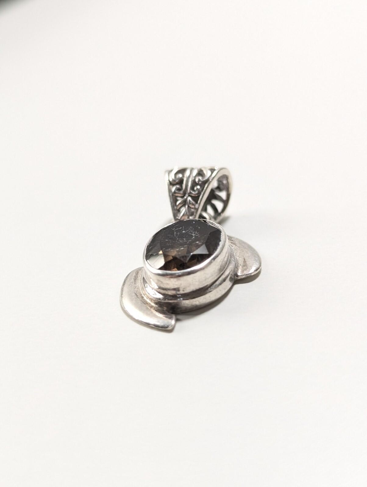 Sterling Silver 925 FNA Smoky Quartz Vintage Style Gemstone Pendant Charm 5.7gr