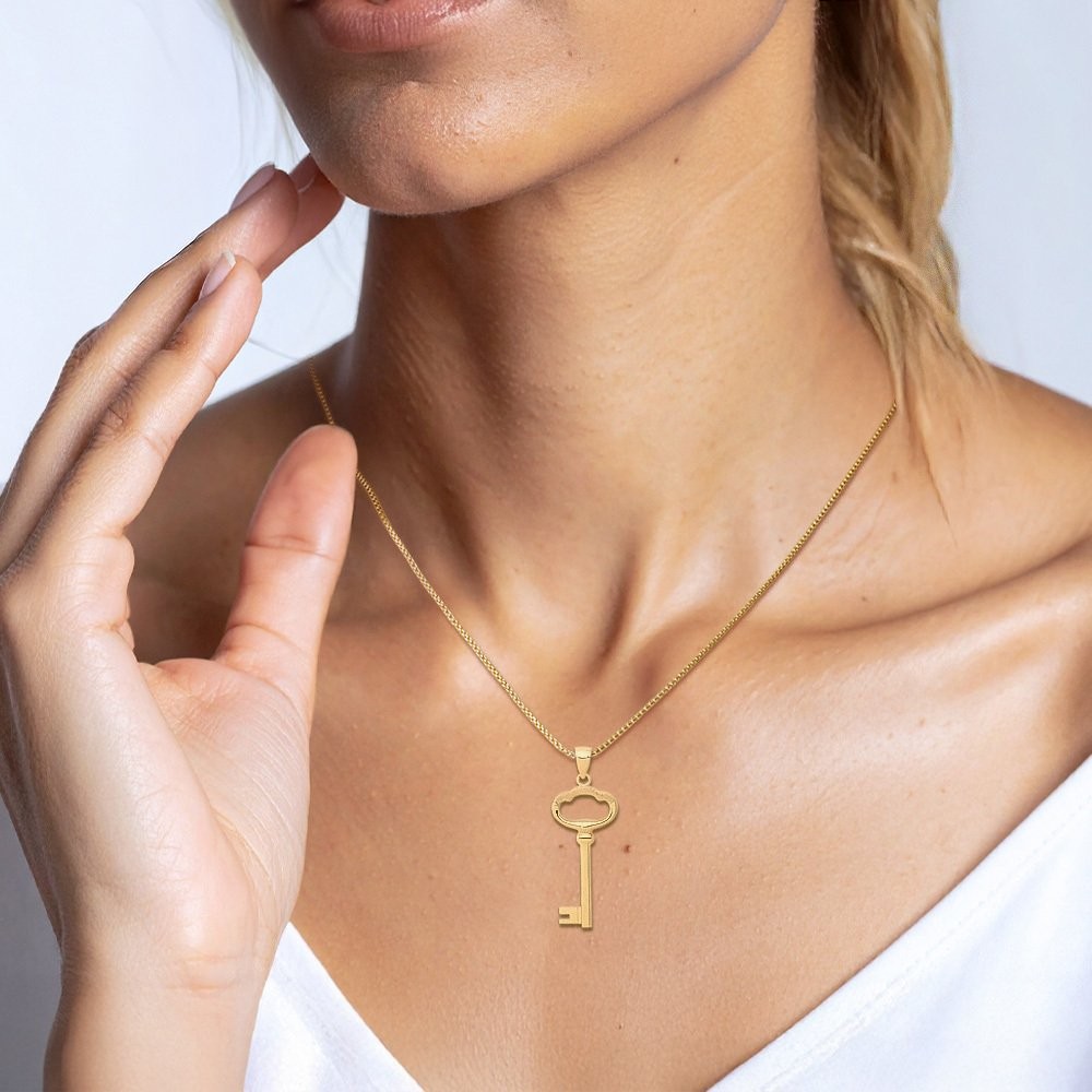 14K Solid Yellow Gold Extra Large Key Heart Pendant Necklace 42mm 1-5/8 inch