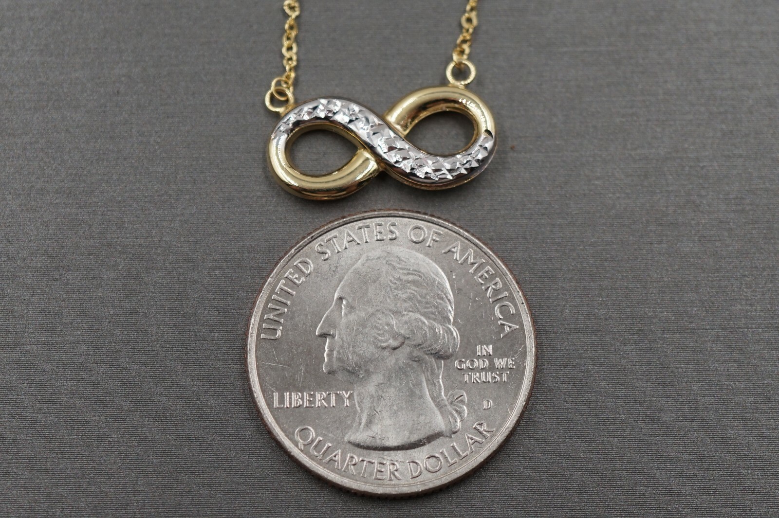 14K Yellow Gold Hollow Diamond Cut Two Tone Infinity Charm Pendant Necklace.17+1