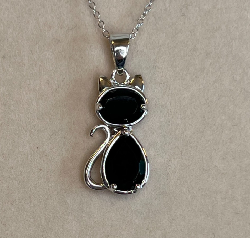 3.36ctw pear shape and oval black spinel sterling silver cat pendant w chain NEW