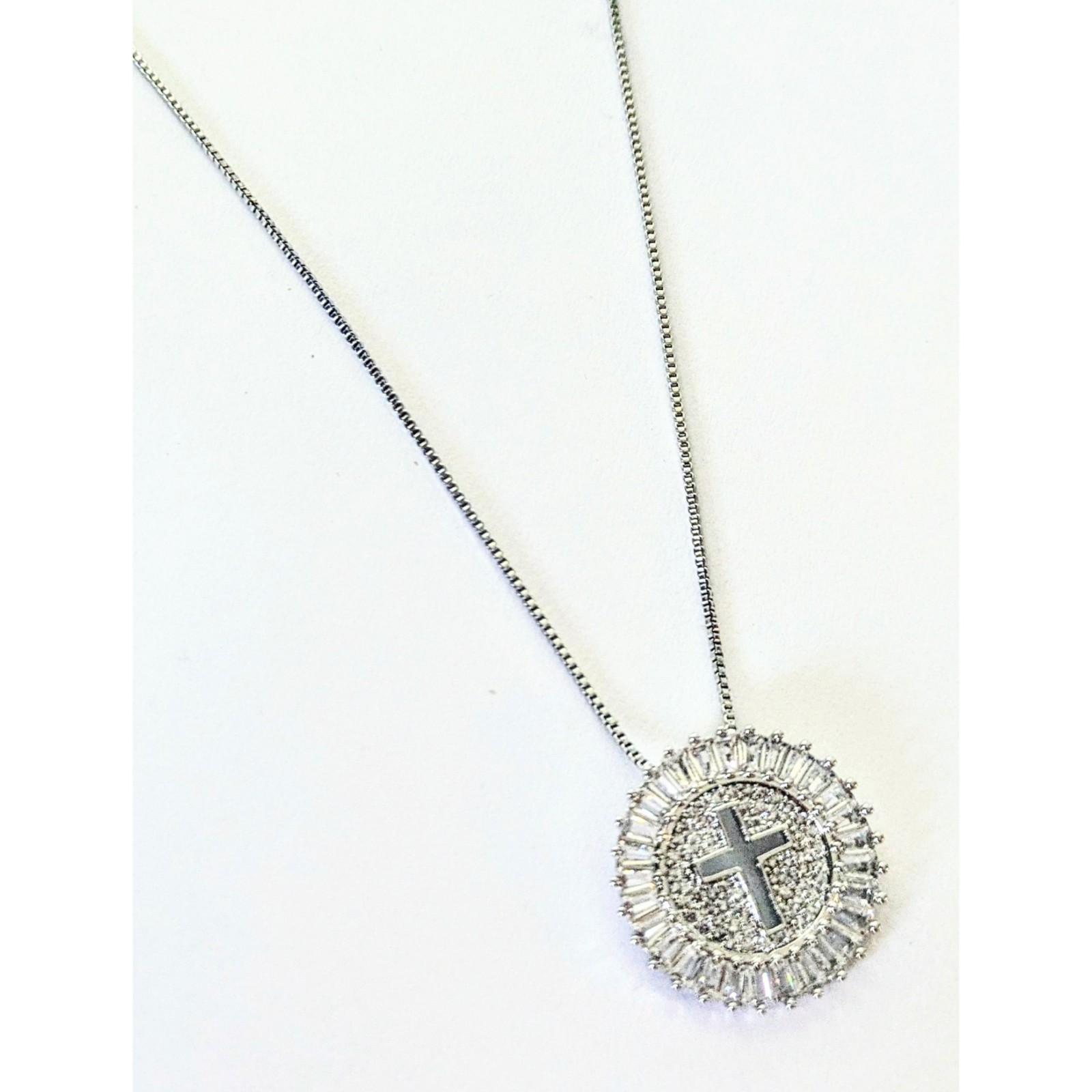 Rhodium Plated Pave Baguette C.Z. Stone Holy Cross Pendant Chain Necklace 16-20″