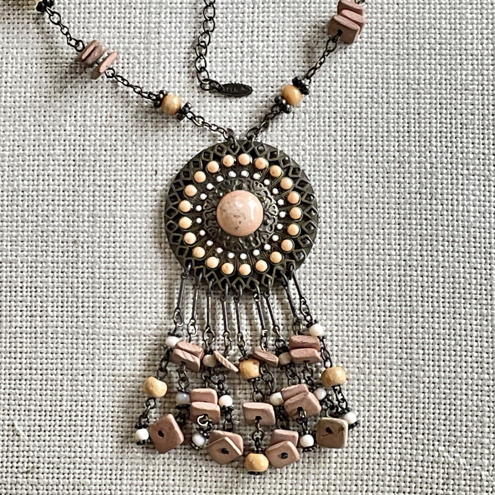 VTG VCLM Signed Boho Statement Medallion Necklace Peach Wood Bead Fringe Fringe