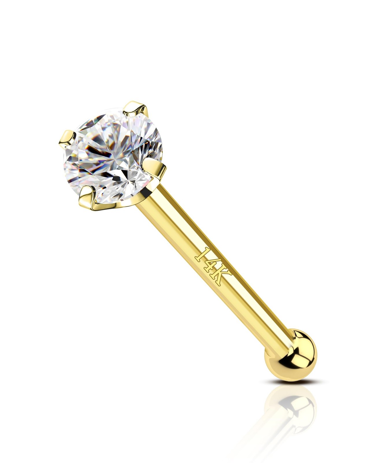 14K Solid Gold Bone L Bend Nose Stud 22g 18g 20g 1.5mm 2mm 3mm CZ Yellow Gold…