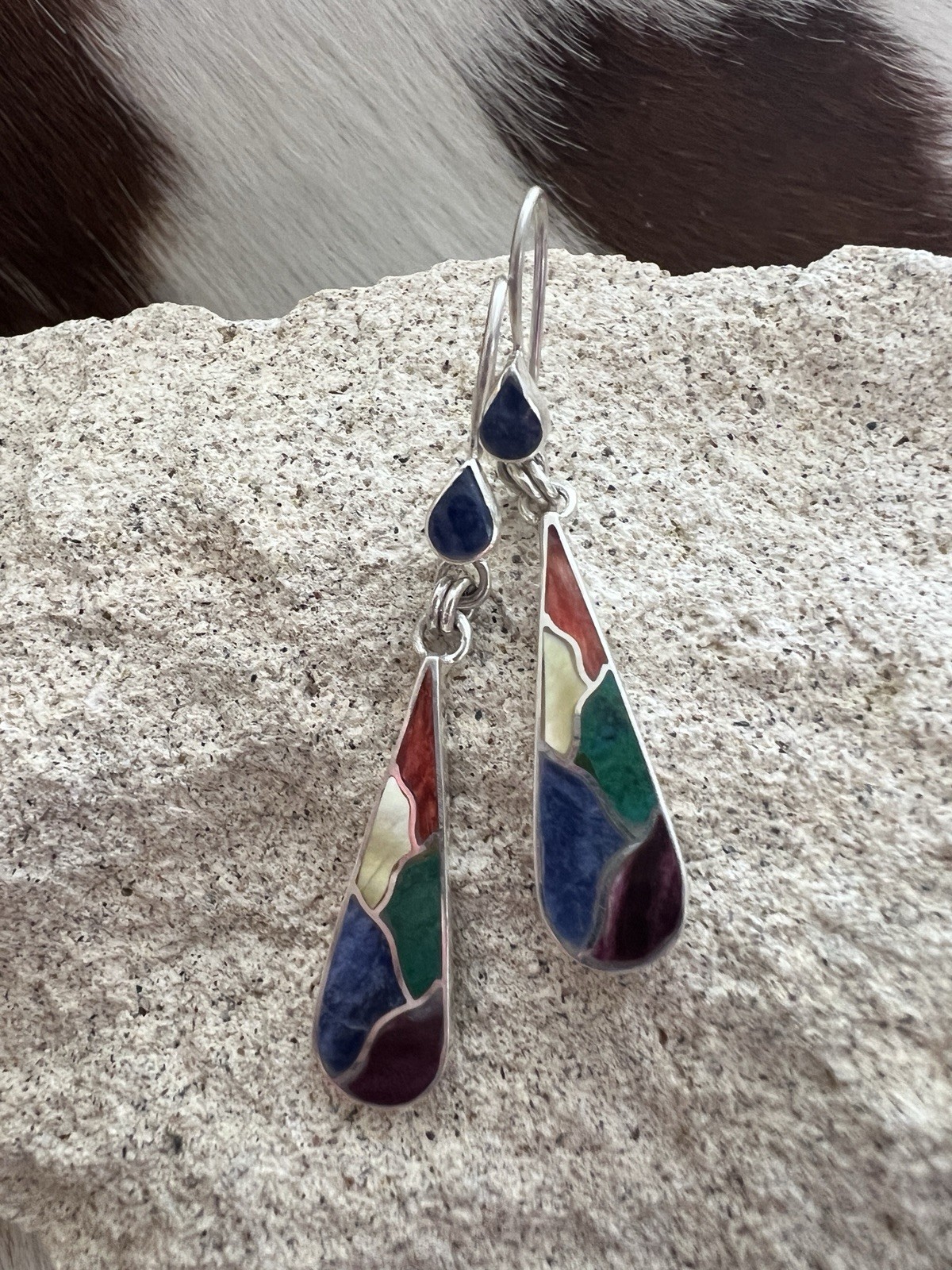 WOW Peruvian Inca Inlaid Turquoise Spiny MOP Lapis Dangle 950 Silver Earrings
