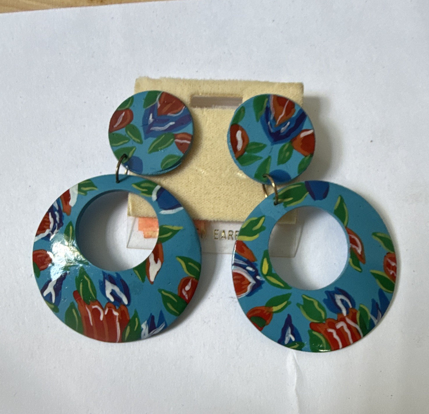 Vintage Multicolor Floral Round Dangle Earrings Plastic Butterfly Back 3.25in