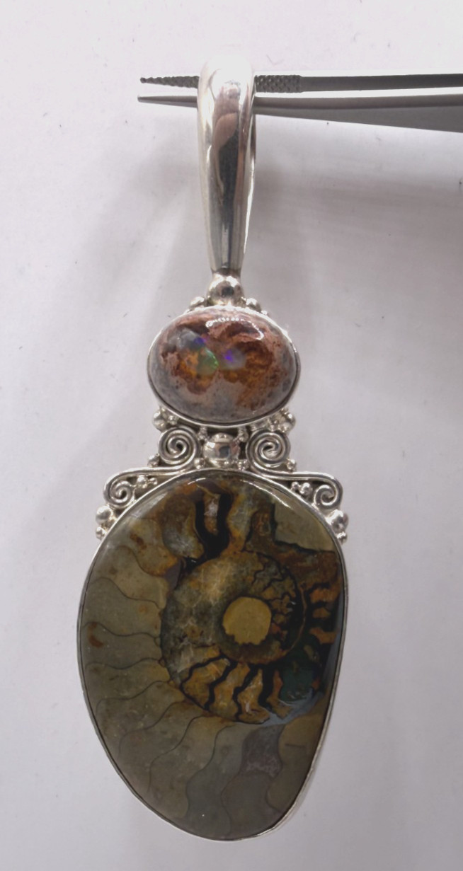 SAJEN Sterling Silver Ammonite Fossil Pendant w/ Fiery Opal Accent [076DUR]