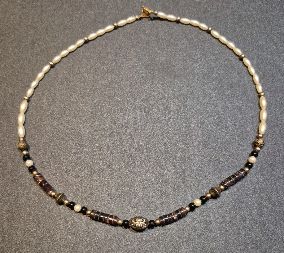 Beaded Necklace Cream Ivory Brown Gold Accent 18in Fashion Jewelry