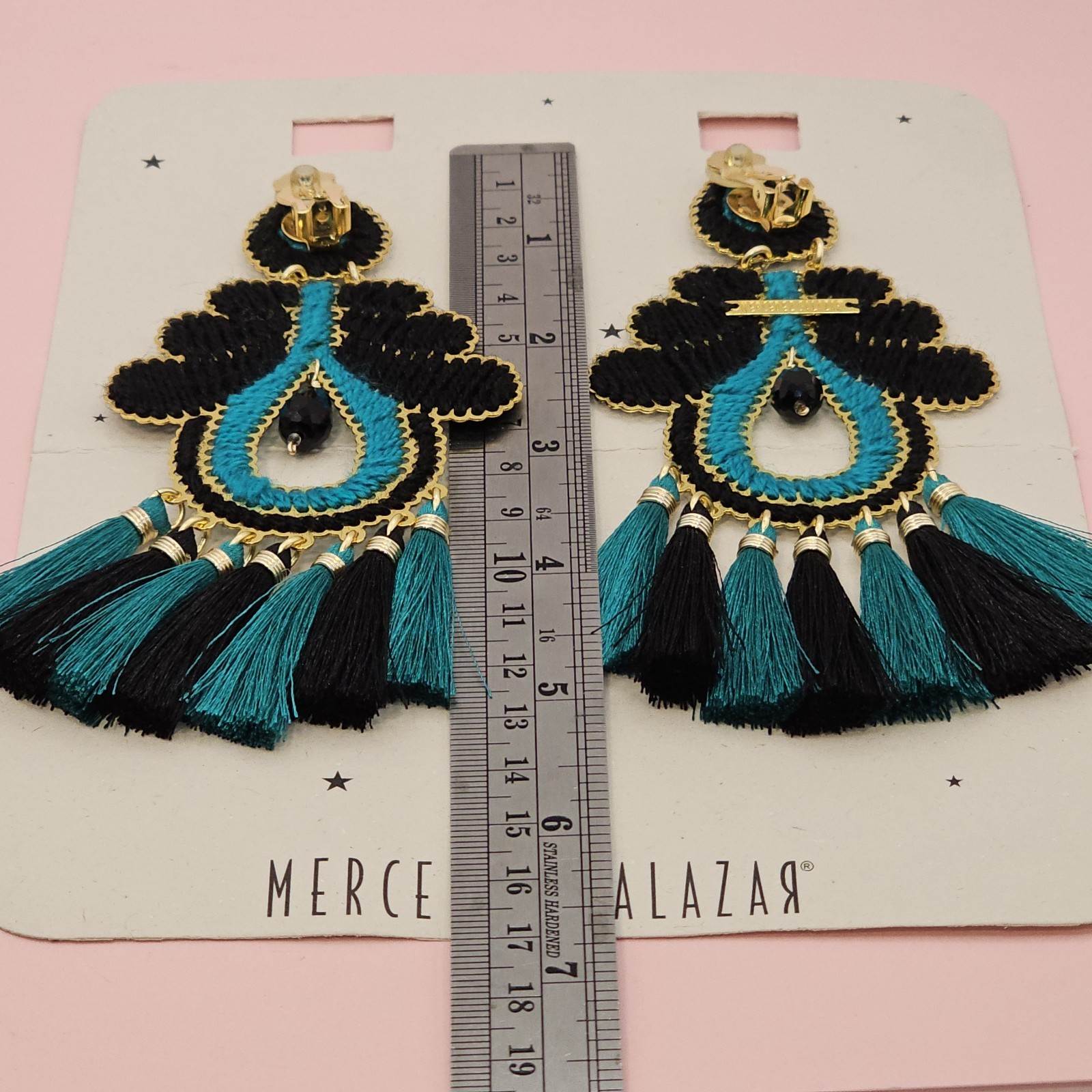 Mercedes Salazar Designer Signed Statement 5″ Vtg Earrings Blue Black Dangle…