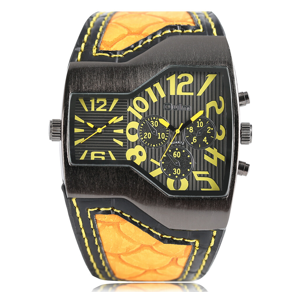 OULM Steampunk Style Two Time Zone Mens Watches PU Leather Quartz Wristwatch