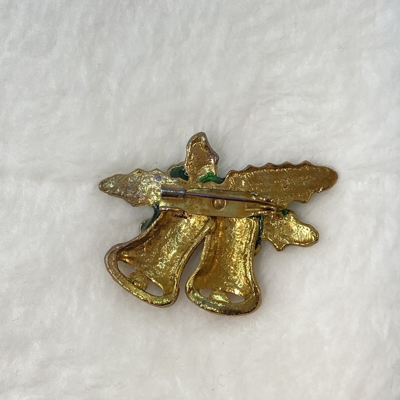 Vintage Christmas Pin Brooch Gold Tone Green Red Enamel Holly Bells Bow