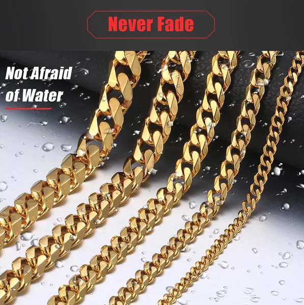 Stainless Steel Gold Silver Chain Cuban Curb Womens Mens Necklace