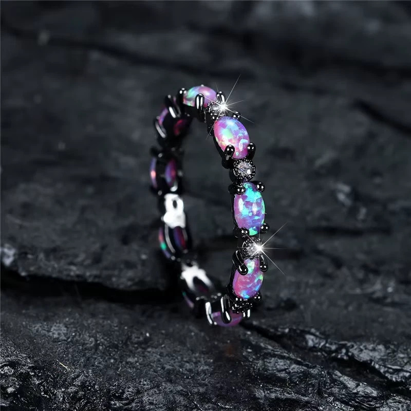 Silver Rose Gold Black Promise Engagement Wedding Opal CZ Zirconia Band Ring R70