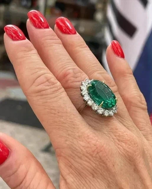 7.20Ct Oval Cut Natural Emerald & Diamond Solid 14K White Gold Engagement Ring