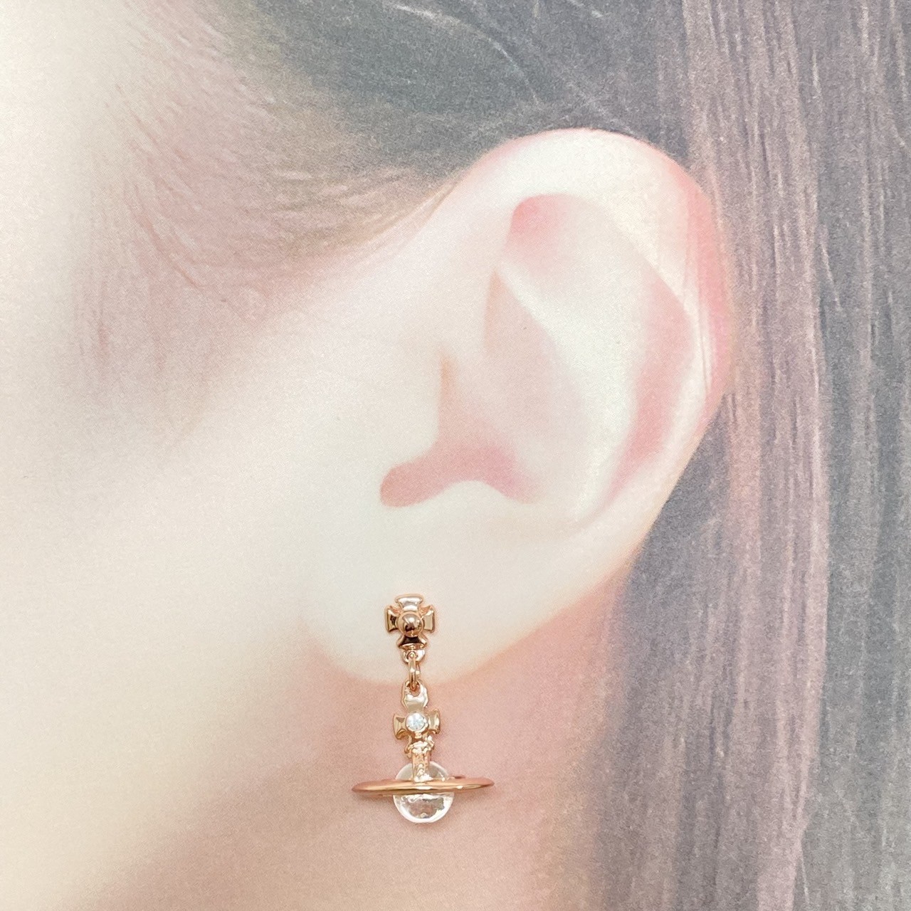 Vivienne Westwood Earrings Petite Orb Rose Pink Gold 2.5 x 1.4cm w/drawstring