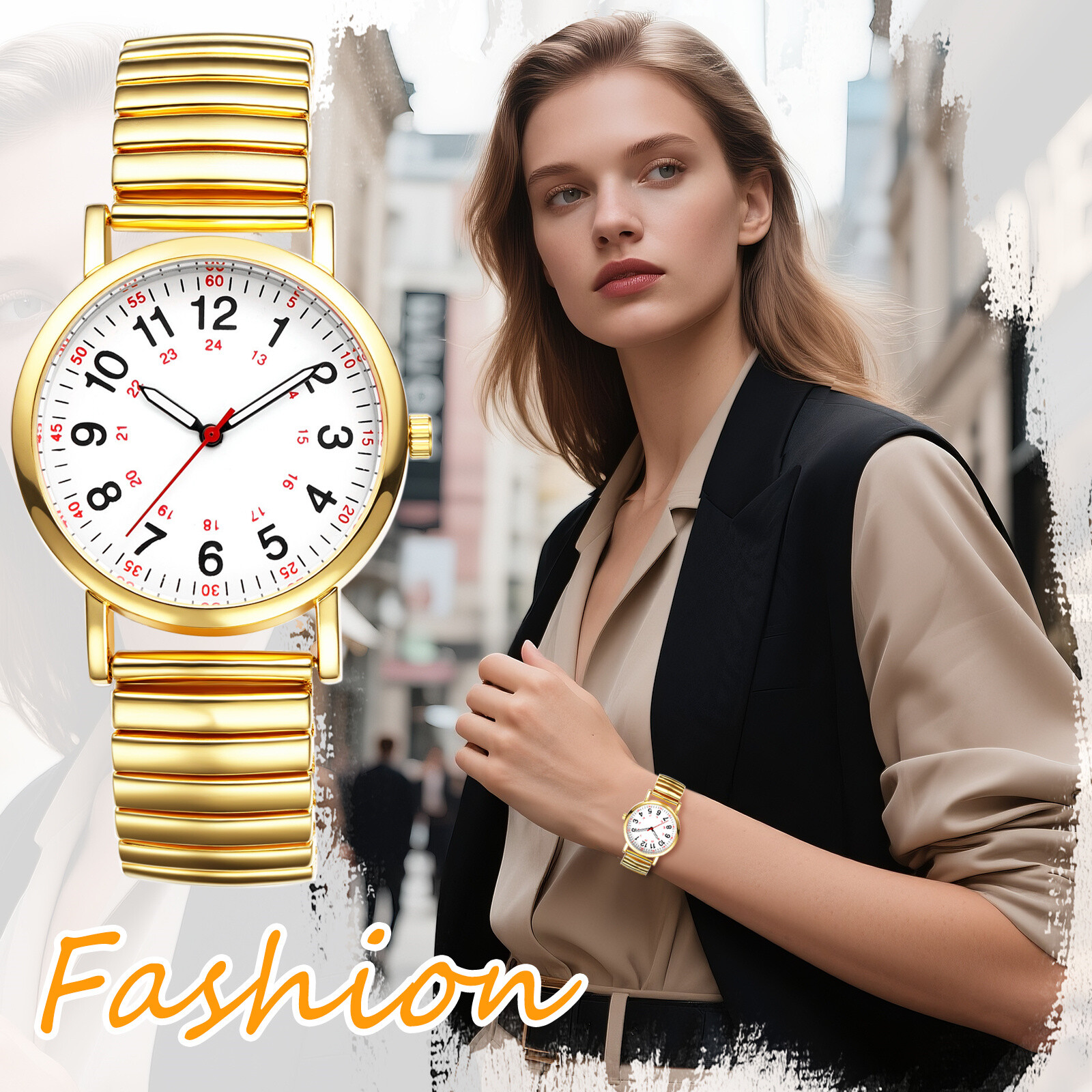 Women’s 12H/24H Big Dial Easy Reader Elastic Band Analog Quartz Cuff Wrist Watch