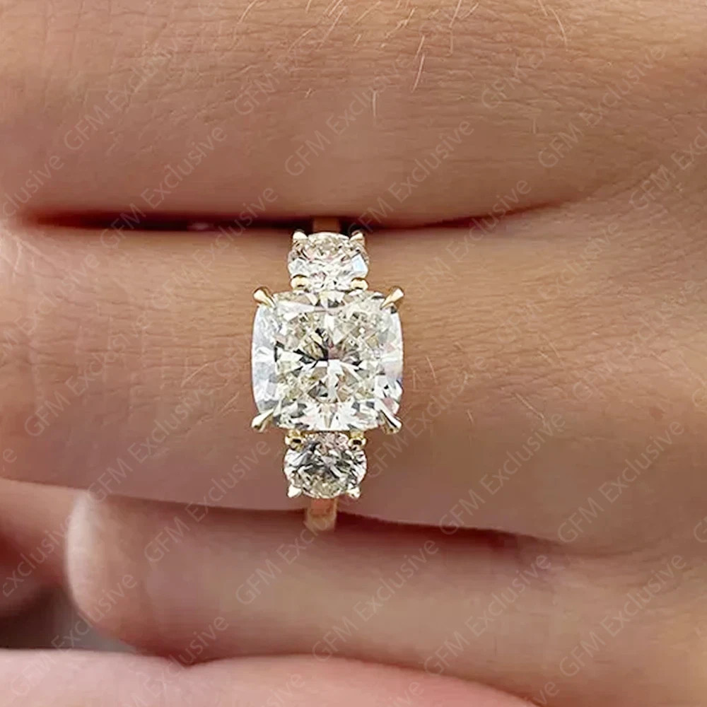 4.76 TCW Cushion Cut Moissanite 3-Stone Engagement Ring In 14K Solid Yellow Gold