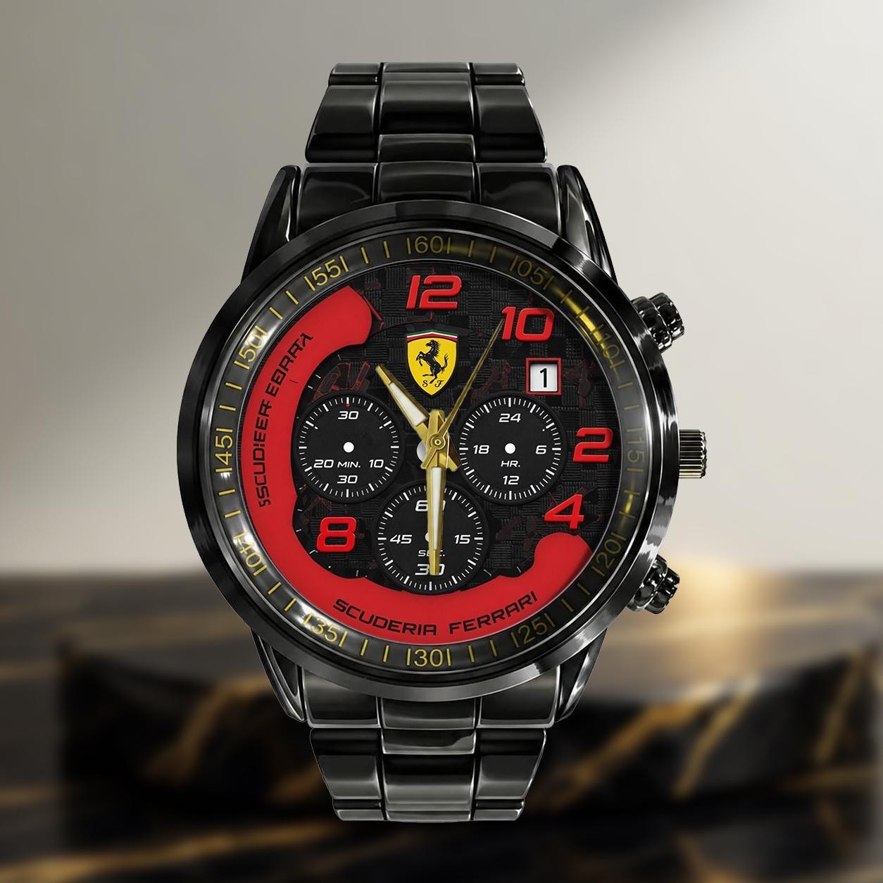 Ferrari Inspired Red Motorsport Watch Luxury Racing Black Stainless Steel Watch