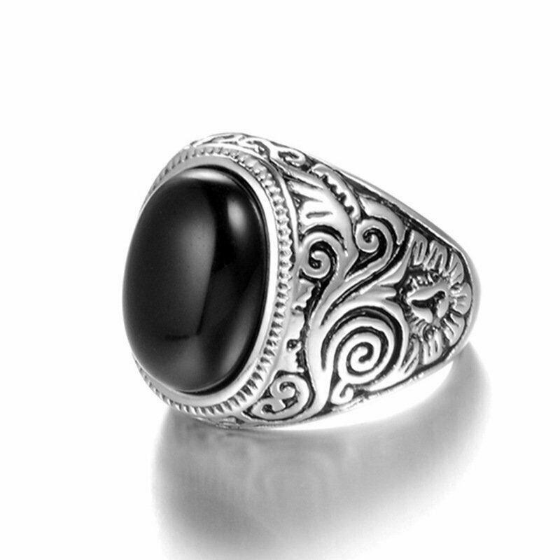 Stainless Steel Mens Oval Black Onyx Ring Size 7 8 9 10 11 12 13 14 15 Gift
