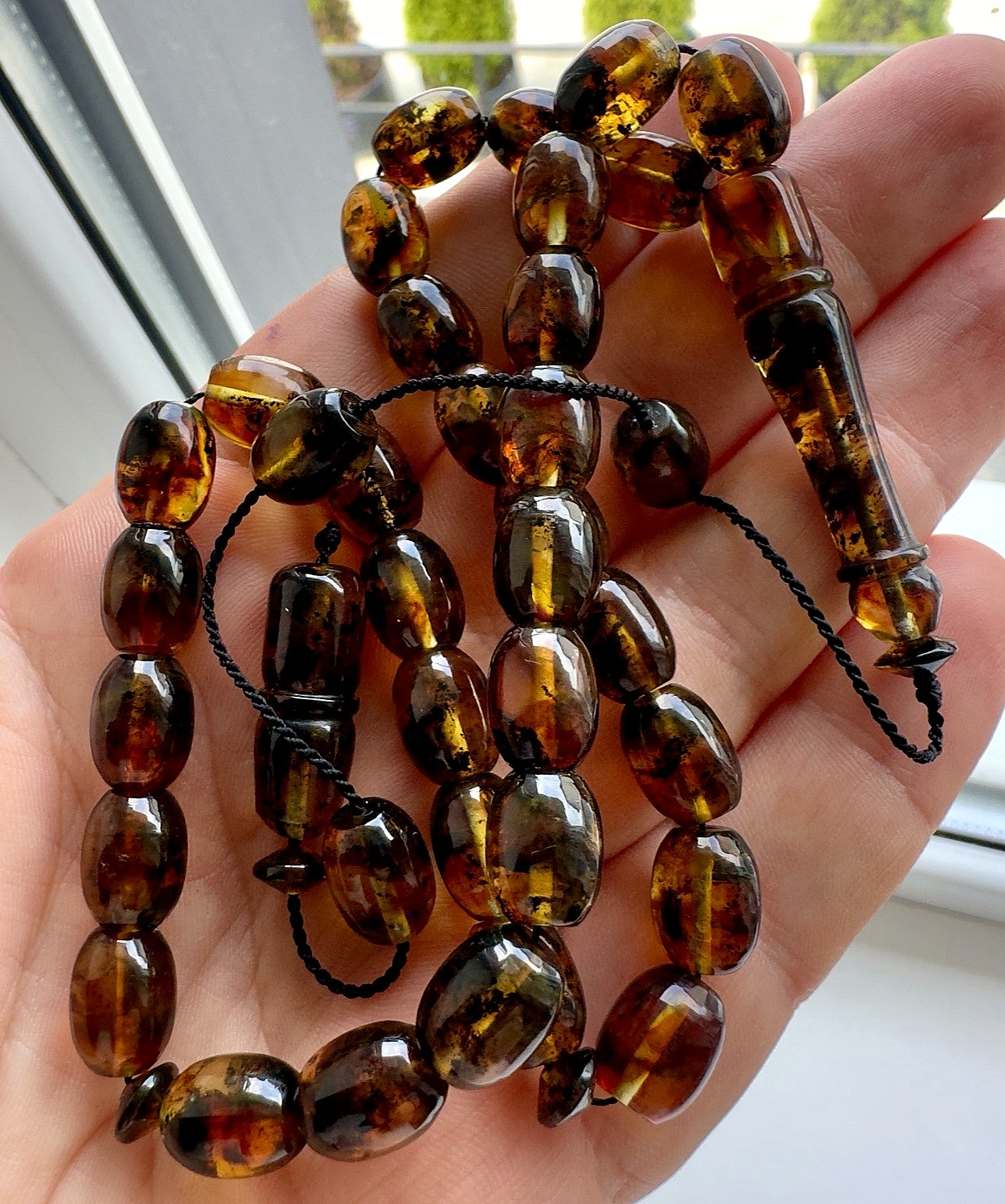 Natural Baltic Amber 24g. Islamic Prayer Rosary 33 Barrel Beads Tasbih Pressed