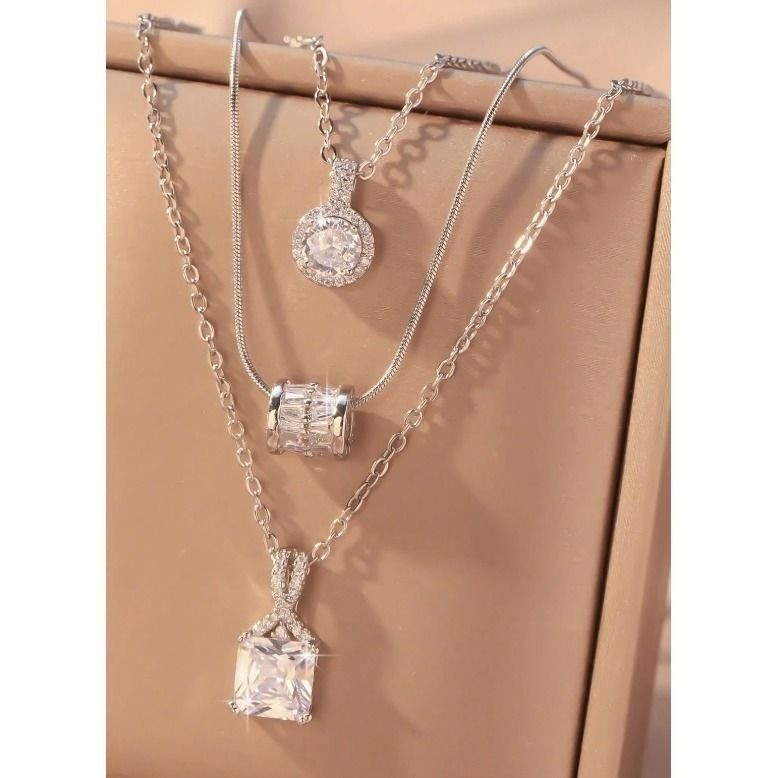 Silver Tone Triple Layered Necklace Set Square Round Barrel Crystal Pendants
