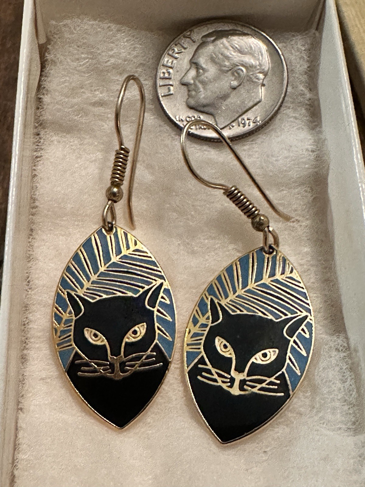 Black Cat Panthers With Blue Background Gold Tone And Enamel Earrings