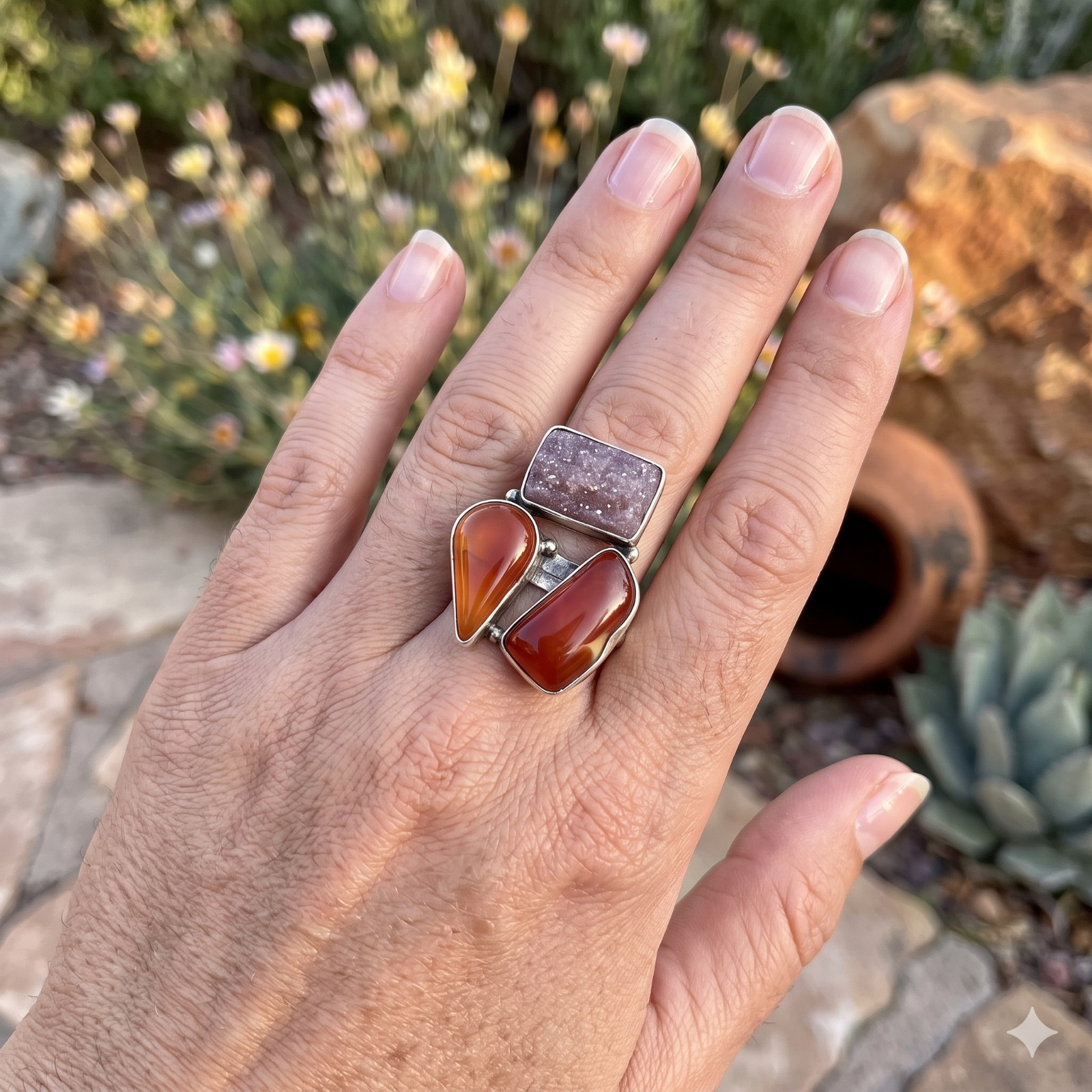 925 Sterling Silver Carnelian Gemstone Band Ring Size 6′