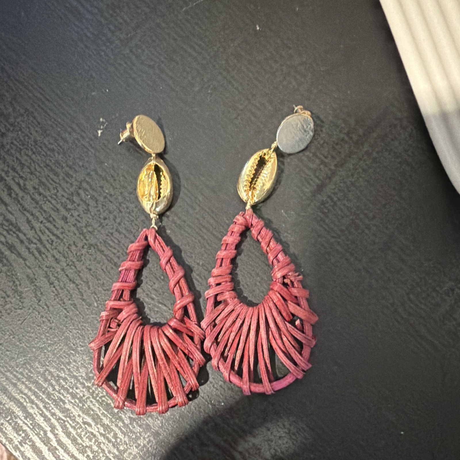 Burgundy Teardrop Dangle Earrings, Gold-Tone Cowrie Shell Stud, Butterfly