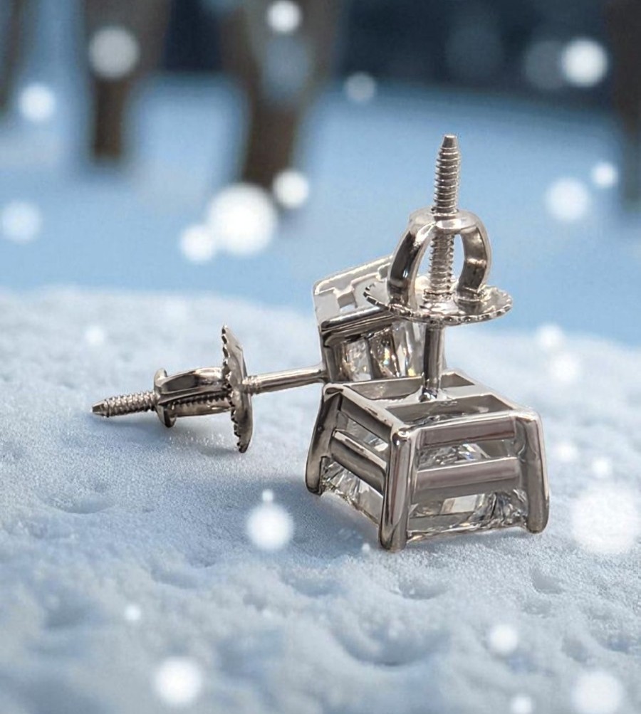 4.00Ct Princess Cut Lab Grown Diamond Stud 14k White Gold Earrings IGI Certified