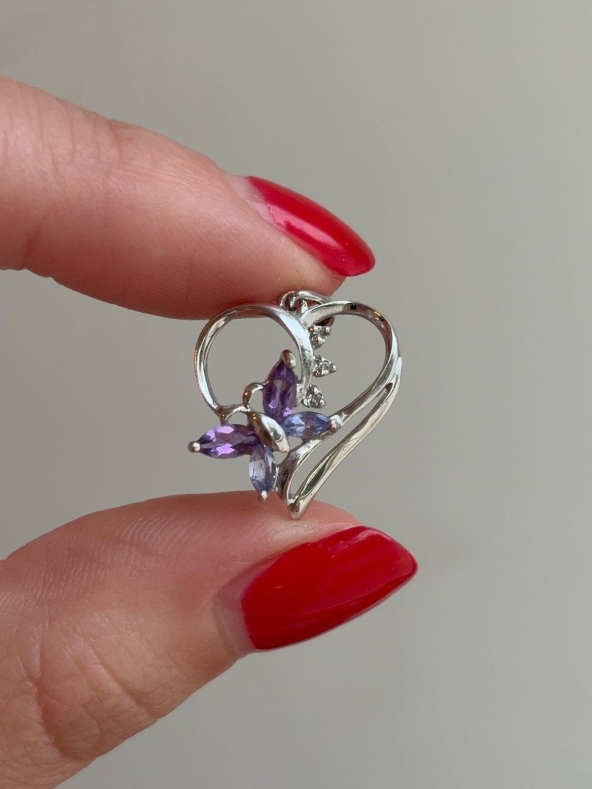 10k White Gold Diamond Tanzanite Amethyst Gemstone Butterfly Heart Pendant Charm