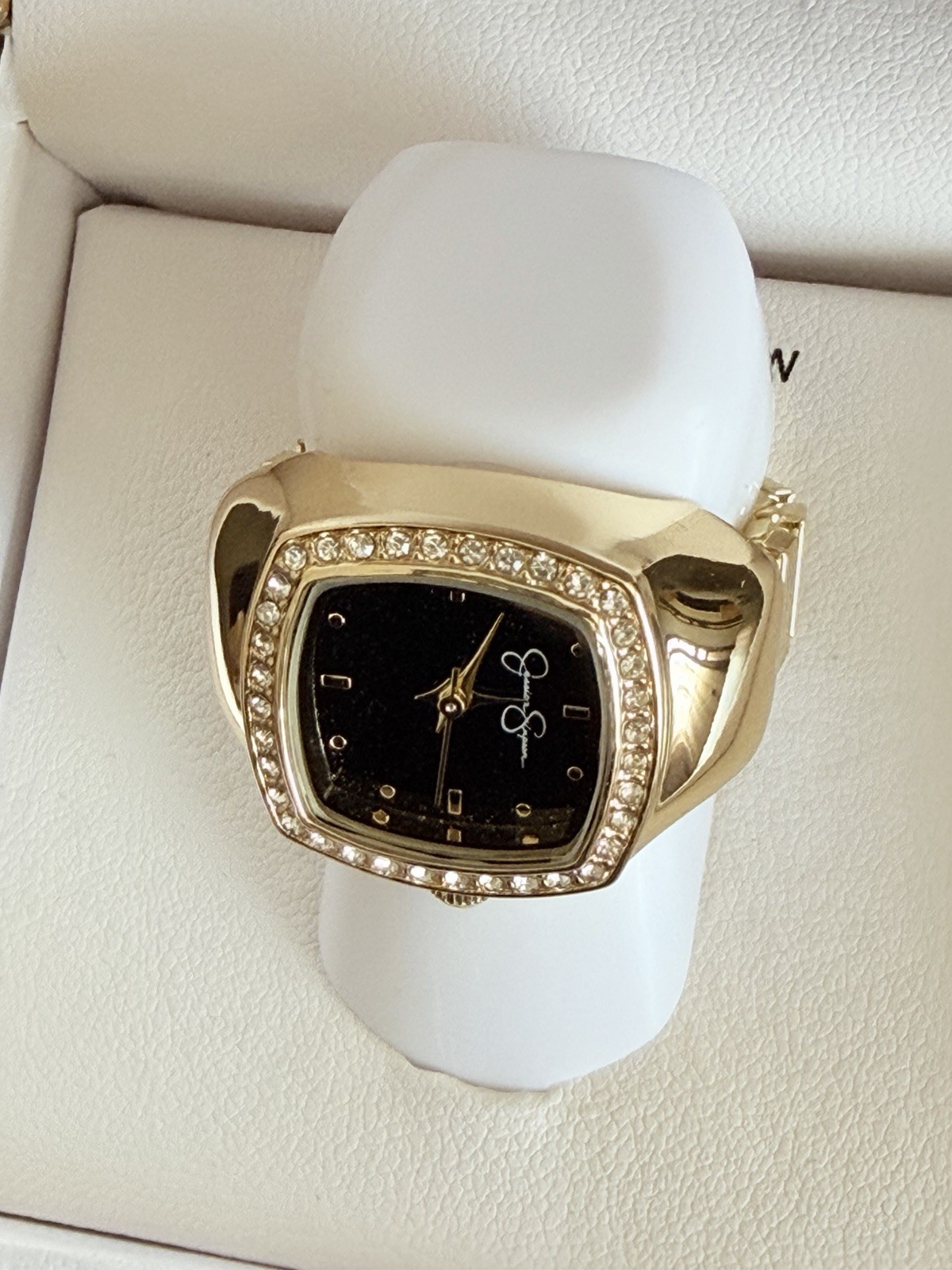 Jessica Simpson Gold Tone Stretch Fit Glitter Ring Watch Square Frame One Size