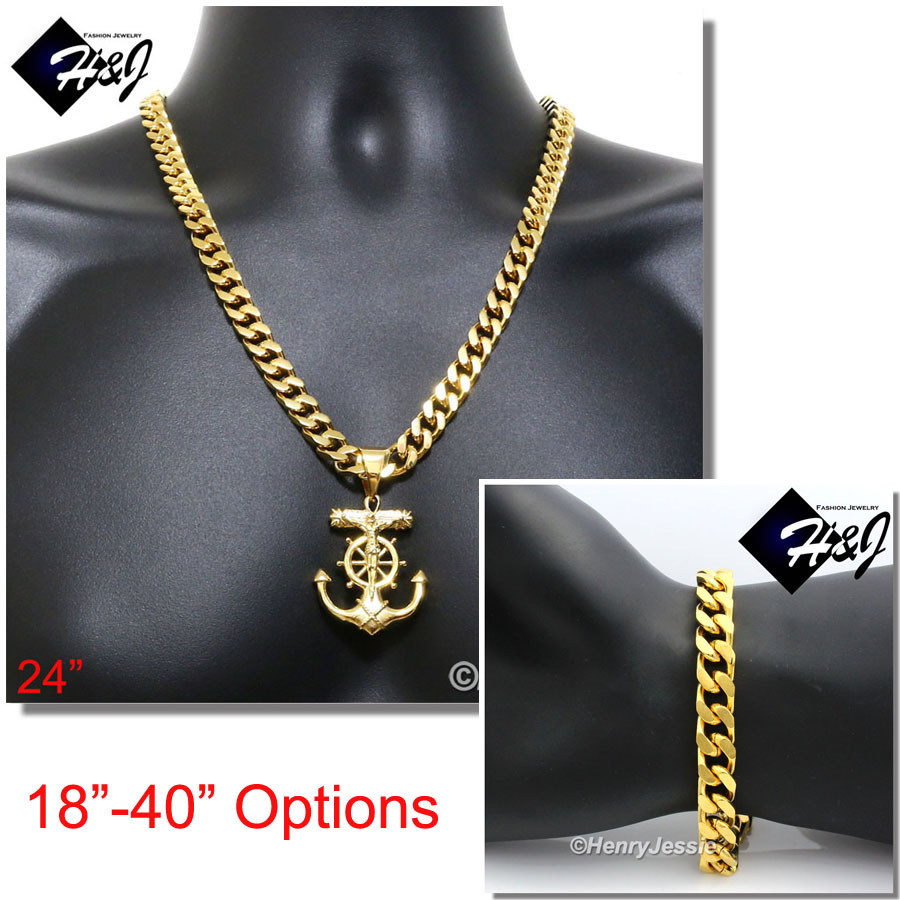 18-40″Stainless Steel 9mm Gold Plated Cuban Necklace Bracelet Anchor Pendant*G58
