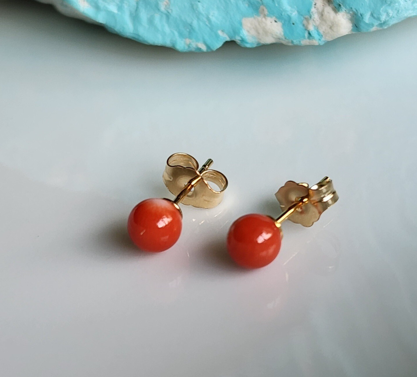 Genuine Orange Momo 4.7mm Coral Small Stud Earring 14k Yellow Gold Filled