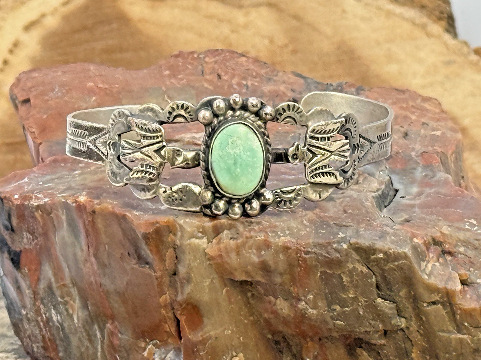 Vintage Navajo Fred Harvey Era Coin Silver Turquoise Stamped Cuff–1723.26