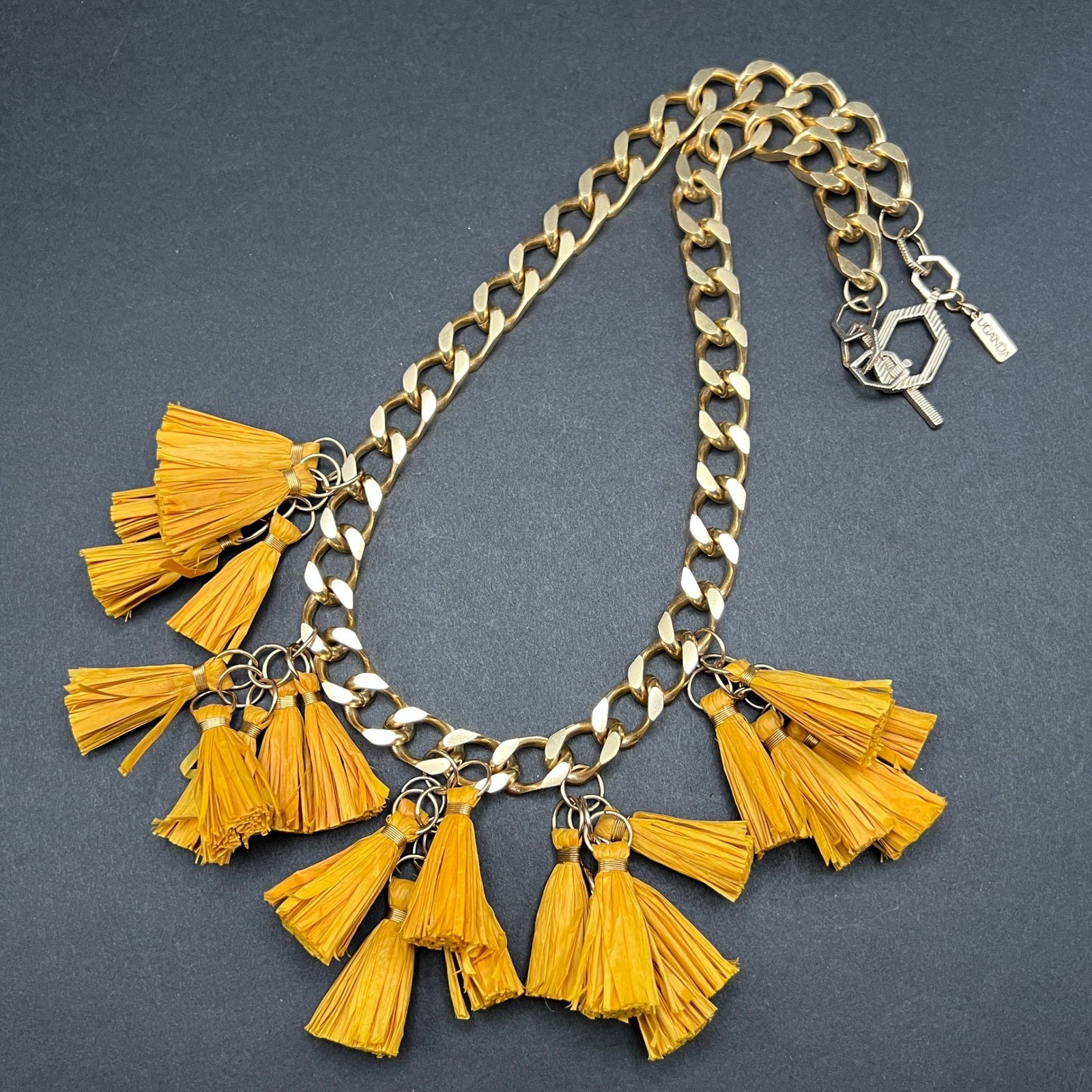 Akola Raffia Tassel Chunky Chain Necklace Uganda Gold Tone Mustard Yellow Boho
